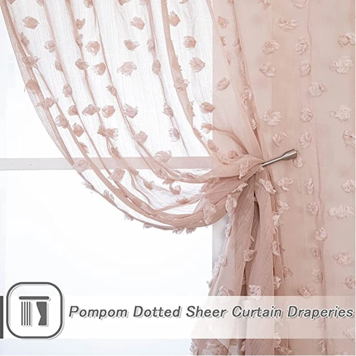 MYSKY HOME Pink Sheer Short Curtains for Small Windows Kitchen 45 inch Long with Pom Pom Bedroom Nursery Kids Girls Room Curtains Cafe Light Filtering Boho Drapes, Rod Pocket,52" Wide, 2 Panels by MYSKY HOME - Image 3