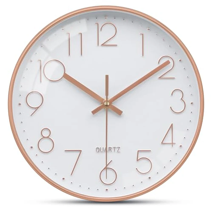 WISKALON Rose Gold Wall Clock Silent Non Ticking 10 Inch Quartz Battery Operated Round Clock Easy to Read for Office Classroom School Home Living Room Bedroom Kitchen Decor by WISKALON - Image 1