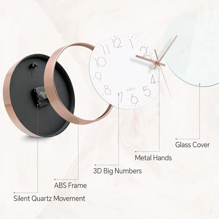 WISKALON Rose Gold Wall Clock Silent Non Ticking 10 Inch Quartz Battery Operated Round Clock Easy to Read for Office Classroom School Home Living Room Bedroom Kitchen Decor by WISKALON - Image 3