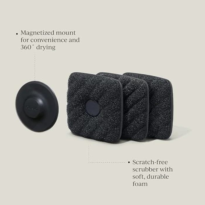Curio Home Goods Ionic Non-Scratch Dish Sponges with Magnetized Holder, Odor Resistant Synthetic Scrub Sponges, 3 Pack, Black by Curio Home Goods - Image 2