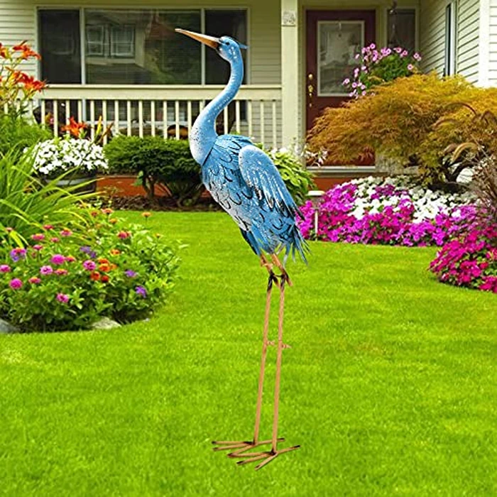 Nacome Large Standing Blue Metal Crane Garden Statue: Indoor Outdoor Heron Animal Sculpture for Patio Backyard Porch Yard Bird Art Lawn Decor - 36.6inch Gifts for Grandma Mom by Nacome - Image 1