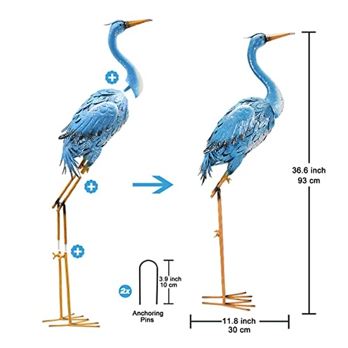 Nacome Large Standing Blue Metal Crane Garden Statue: Indoor Outdoor Heron Animal Sculpture for Patio Backyard Porch Yard Bird Art Lawn Decor - 36.6inch Gifts for Grandma Mom by Nacome - Image 4