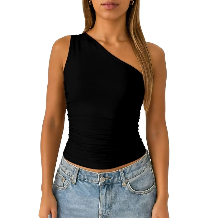 ForeFair Women One Shoulder Going Out Tank Top Double Lined Ruched Sleeveless Y2k Cute Summer Top(Black,S) by ForeFair - Used - Like New condition - US$22.79