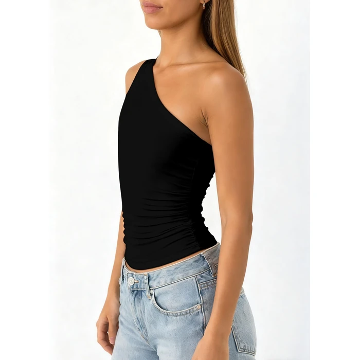 ForeFair Women One Shoulder Going Out Tank Top Double Lined Ruched Sleeveless Y2k Cute Summer Top(Black,S) by ForeFair - Image 2