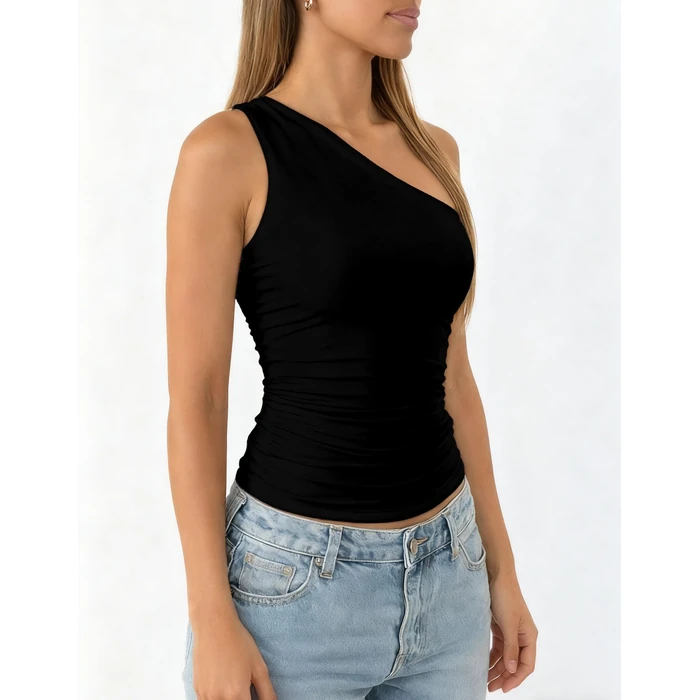 ForeFair Women One Shoulder Going Out Tank Top Double Lined Ruched Sleeveless Y2k Cute Summer Top(Black,S) by ForeFair - Image 3
