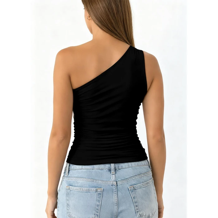 ForeFair Women One Shoulder Going Out Tank Top Double Lined Ruched Sleeveless Y2k Cute Summer Top(Black,S) by ForeFair - Image 4