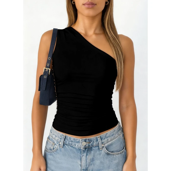 ForeFair Women One Shoulder Going Out Tank Top Double Lined Ruched Sleeveless Y2k Cute Summer Top(Black,S) by ForeFair - Image 5