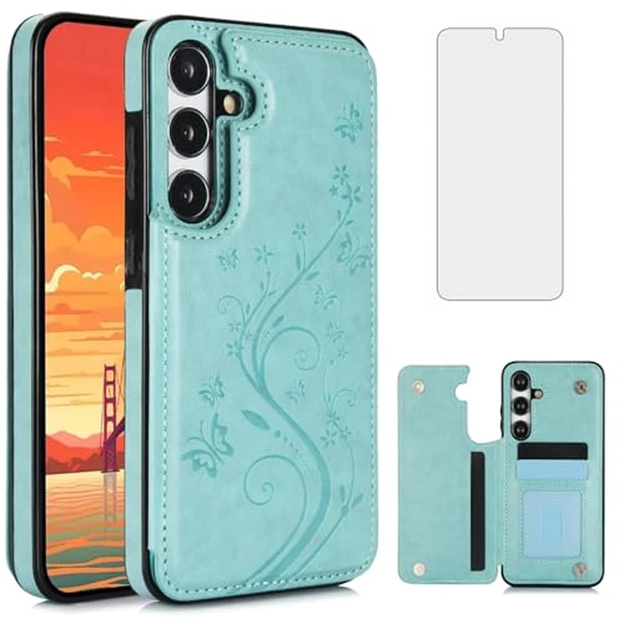 Asuwish Phone Case for Samsung Galaxy S25 5G with Tempered Glass Screen Protector and Card Holder Wallet Cover Stand Flip Leather Cell Accessories S 25 25S GS25 G5 SM-S931U 6.2 inch Women Men Green by Asuwish - Image 1
