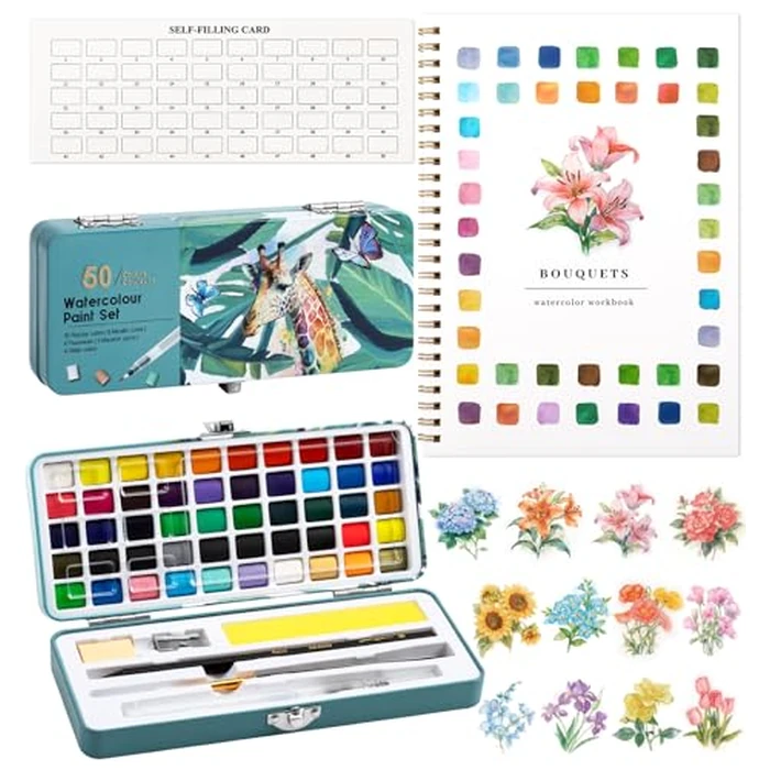 Watercolor Workbook, Water Coloring Book, 12 Different Patterns of Original DIY Designs, 50 Colors Watercolor Paint Set with Palette and Brush, Beginner-Friendly Watercolor Workbooks (Bouquets) by Joyask - Image 1