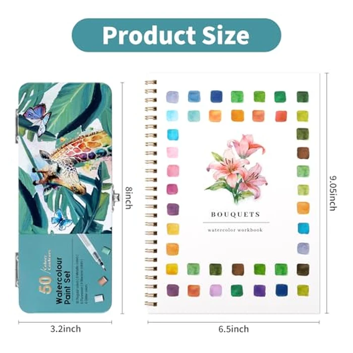 Watercolor Workbook, Water Coloring Book, 12 Different Patterns of Original DIY Designs, 50 Colors Watercolor Paint Set with Palette and Brush, Beginner-Friendly Watercolor Workbooks (Bouquets) by Joyask - Image 2