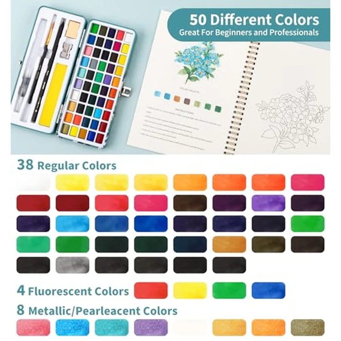 Watercolor Workbook, Water Coloring Book, 12 Different Patterns of Original DIY Designs, 50 Colors Watercolor Paint Set with Palette and Brush, Beginner-Friendly Watercolor Workbooks (Bouquets) by Joyask - Image 6