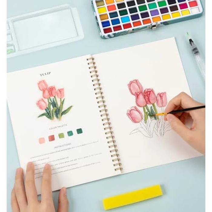 Watercolor Workbook, Water Coloring Book, 12 Different Patterns of Original DIY Designs, 50 Colors Watercolor Paint Set with Palette and Brush, Beginner-Friendly Watercolor Workbooks (Bouquets) by Joyask - Image 7