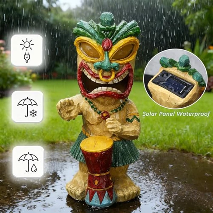 halp·ssfm Solar Tiki Garden Statue with LED Eyes Outdoor Polynesian Drummer Hawaiian Party Decor Solar Light Ornament for Patio Porch Lawn or Tiki Lover Best Gifts for Tiki Lovers by halp·ssfm - Image 2