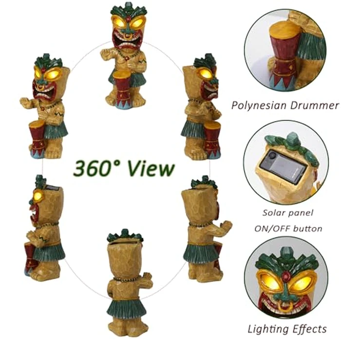 halp·ssfm Solar Tiki Garden Statue with LED Eyes Outdoor Polynesian Drummer Hawaiian Party Decor Solar Light Ornament for Patio Porch Lawn or Tiki Lover Best Gifts for Tiki Lovers by halp·ssfm - Image 3