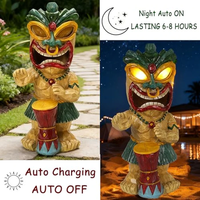 halp·ssfm Solar Tiki Garden Statue with LED Eyes Outdoor Polynesian Drummer Hawaiian Party Decor Solar Light Ornament for Patio Porch Lawn or Tiki Lover Best Gifts for Tiki Lovers by halp·ssfm - Image 6