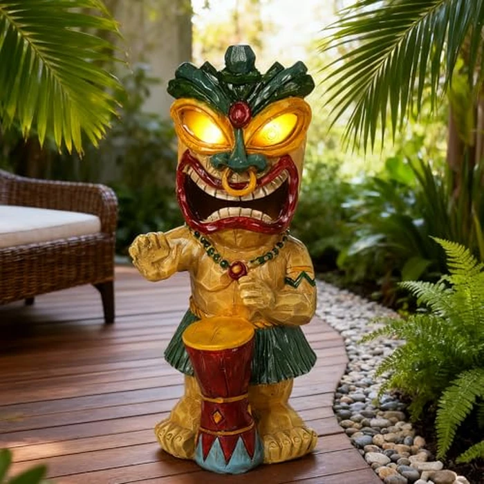 halp·ssfm Solar Tiki Garden Statue with LED Eyes Outdoor Polynesian Drummer Hawaiian Party Decor Solar Light Ornament for Patio Porch Lawn or Tiki Lover Best Gifts for Tiki Lovers by halp·ssfm - Image 7