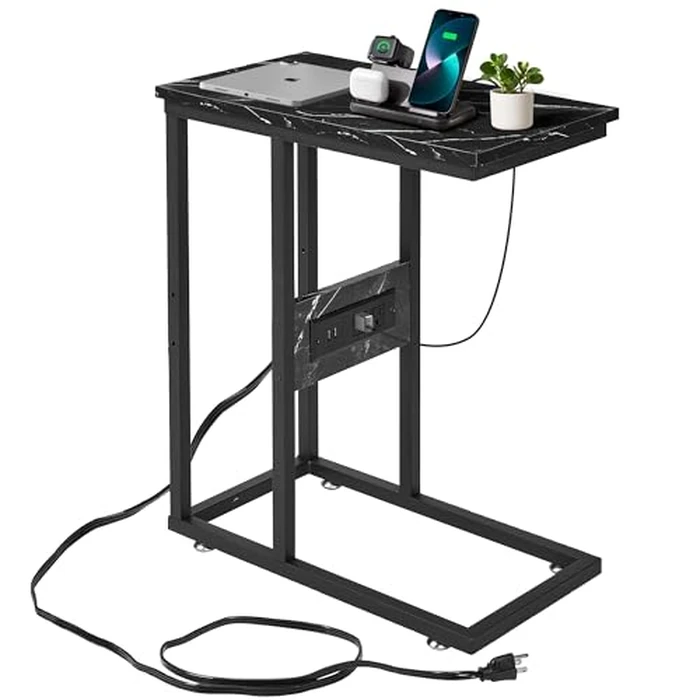 VECELO C-Shaped End Side Table with Charging Station & 2 USB Ports and Outlets for Living Room, Bedroom, with Adjustable Feet for Couch Sofa, Bedside, Small Spaces， Black Marble by VECELO - Used - Like New condition