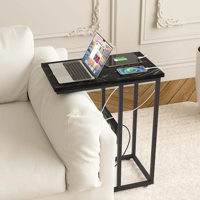 VECELO C-Shaped End Side Table with Charging Station & 2 USB Ports and Outlets for Living Room, Bedroom, with Adjustable Feet for Couch Sofa, Bedside, Small Spaces， Black Marble by VECELO - Image 3