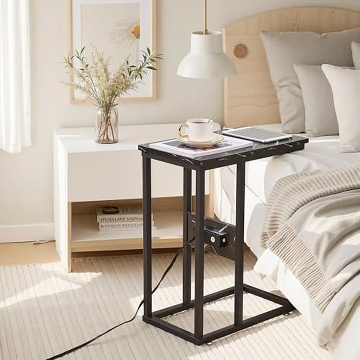 VECELO C-Shaped End Side Table with Charging Station & 2 USB Ports and Outlets for Living Room, Bedroom, with Adjustable Feet for Couch Sofa, Bedside, Small Spaces， Black Marble by VECELO - Image 7