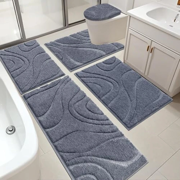 HEBE Bathroom Rugs Sets 5 Piece, Soft Absorbent Microfiber Bath Mat for Bathroom, Non Slip Washable Bath Rug Set with Toilet Cover, Bath Runner and U-Shaped Contour Toilet Rug, Grey by HEBE RUGS - Used - Very Good condition - CA$52.10