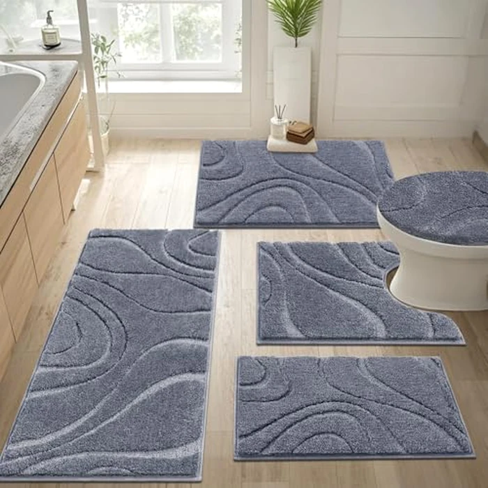 HEBE Bathroom Rugs Sets 5 Piece, Soft Absorbent Microfiber Bath Mat for Bathroom, Non Slip Washable Bath Rug Set with Toilet Cover, Bath Runner and U-Shaped Contour Toilet Rug, Grey by HEBE RUGS - Image 9