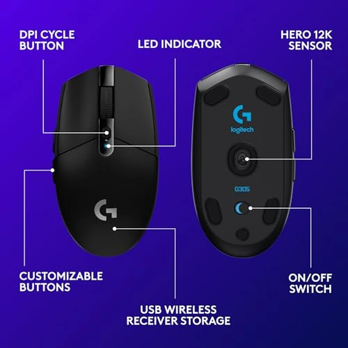 Logitech G305 Lightspeed Wireless Gaming Mouse, Hero Sensor, 12,000 DPI, Lightweight, 6 Programmable Buttons, 250h Battery, On-Board Memory, Compatible with PC, Mac - Black by Logitech G - Image 7