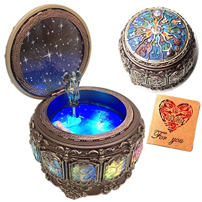 Briskfeel Vintage Music Box with Constellations Rotating Goddess LED Lights Twinkling Resin Carved Mechanism Musical Box with Sankyo 18-Note Wind Up Signs of The Zodiac Gift for Birthday (Upgraded) by Amperer - Used - Like New condition