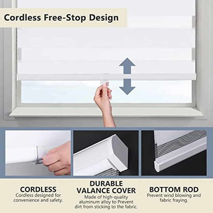 KELIXU Zebra Blinds for Windows Cordless Roller Shades with Valance Cover, Dual Layer Sheer Day and Night Blinds, Horizontal Blind for Light Filtering, 55" W X 72" H (140W X 183H cm), White by KELIXU - Image 4