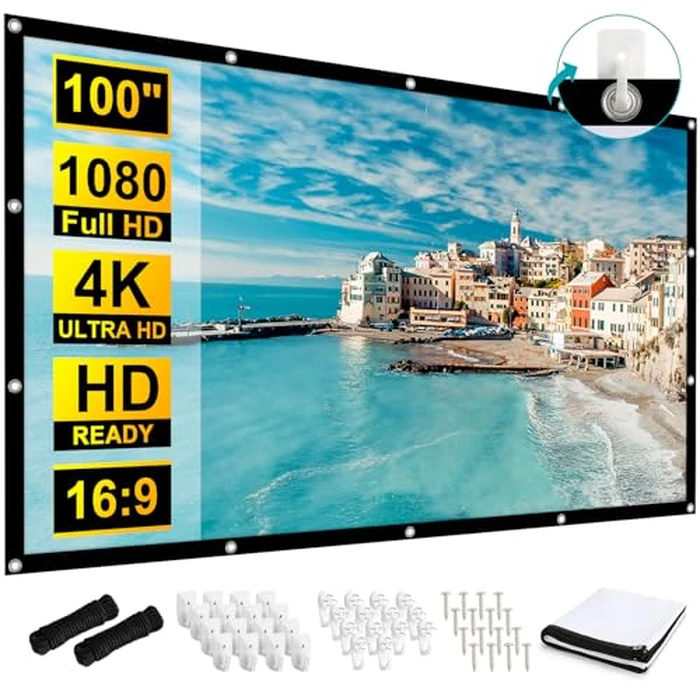 Frocopo 100 inch Projection Screens, Double Sided Washable Outdoor Projection Screen, 16:9 Foldable Anti-Crease Portable Projector Movies Screens for Camping Party, Home Theater, Office by Frocopo - Used - Good condition