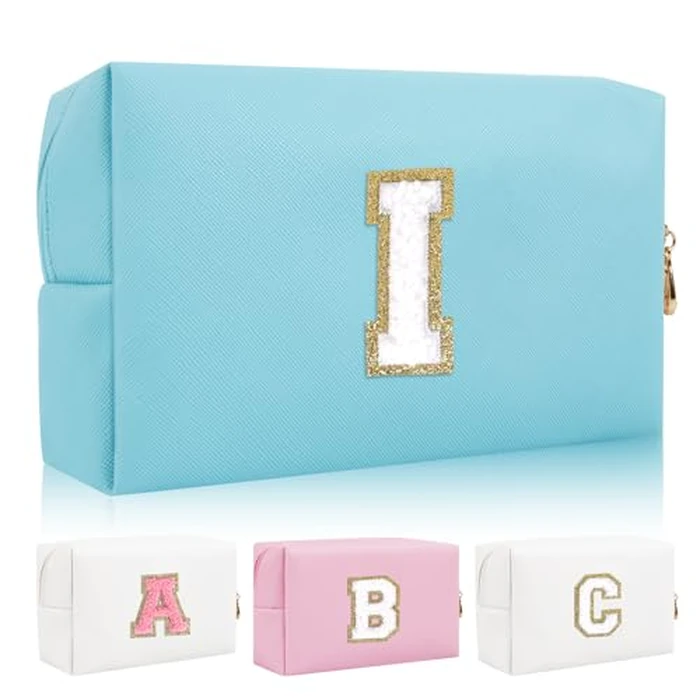 Personalized Initial Letter Patch Makeup Bag, Preppy Chenille Letter Cosmetic Pouch with Zipper, Blue/White-Letter, I, Fashion by Iqimott - Used - Very Good condition
