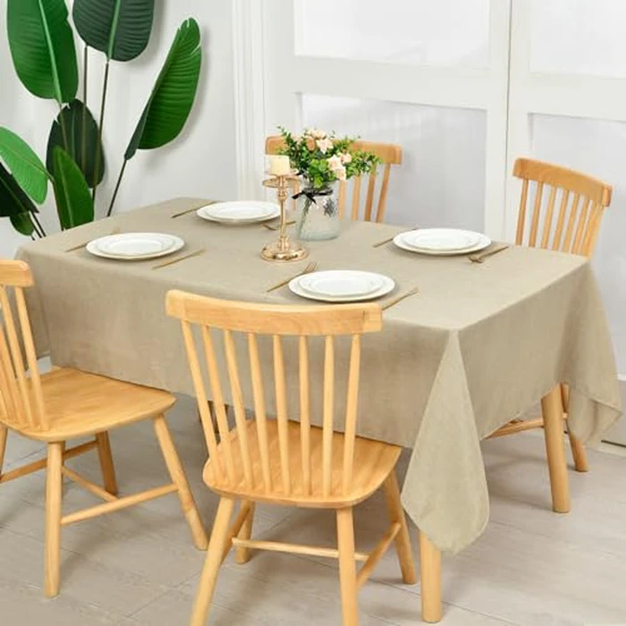 Hiasan Faux Linen Rectangle Tablecloth - Wrinkle Free, Washable Rust-Proof Rectangle Table Cloth for Kitchen Dining Room Holiday Table Cover for Party Dinner, Farmhouse, Beige, 70 X 90 Inch by Hiasan - Image 2