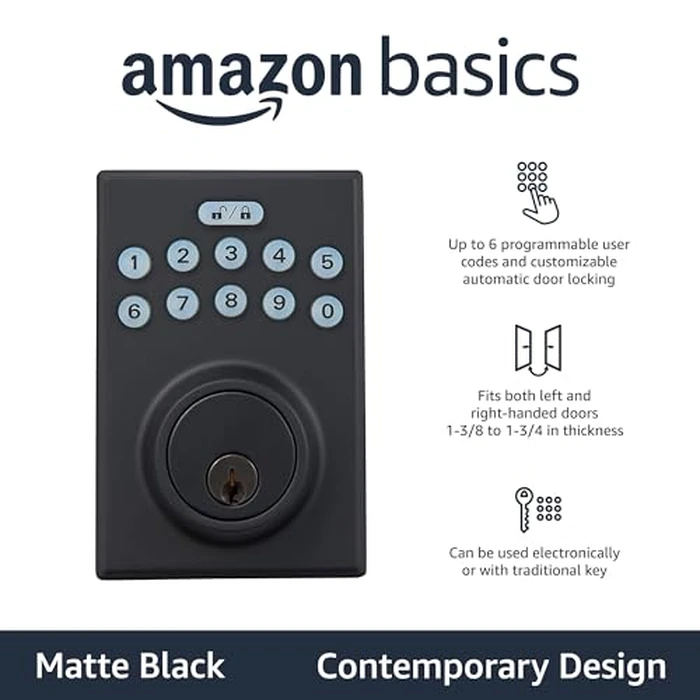 Amazon Basics Electronic Keypad Deadbolt Door Lock with Auto Lock, Touch-Control Keyless Entry, Customizable User Codes, Easy Installation, Contemporary, Matte Black, 1-Pack by Amazon Basics - Image 1