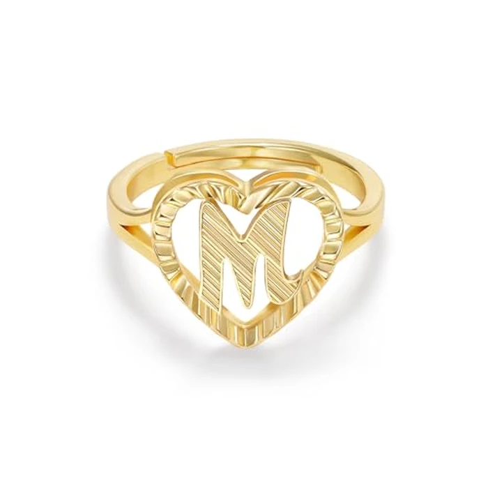 KELORIS PATH Initial Letter Rings for Women, 14K Gold Plated Dainty Heart Adjustable Ring, Vintage Non Tarnish Name Jewelry Gift for Her(Letter M) by KELORIS PATH - Used - Like New condition