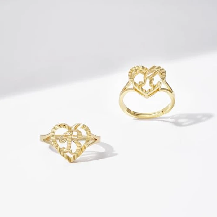 KELORIS PATH Initial Letter Rings for Women, 14K Gold Plated Dainty Heart Adjustable Ring, Vintage Non Tarnish Name Jewelry Gift for Her(Letter M) by KELORIS PATH - Image 6