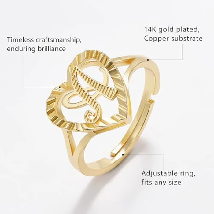 KELORIS PATH Initial Letter Rings for Women, 14K Gold Plated Dainty Heart Adjustable Ring, Vintage Non Tarnish Name Jewelry Gift for Her(Letter M) by KELORIS PATH - Image 7