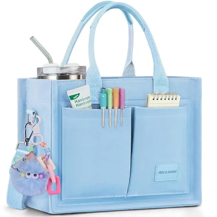 BECOJADDE Structured Canvas Tote Bag for Women, Multi-Compartment Zippered Purse for Work, Bible, Travel, Fits 14/15.6'' Laptop Blue L by BECOJADDE - Used - Very Good condition