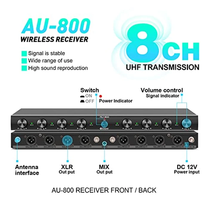 D Debra Audio AU800 Pro UHF 8 Channel Wireless Microphone System with Cordless Handheld Lavalier Headset Mics, Metal Receiver, Ideal for Karaoke Church Party (8 Bodypack) by D Debra - Image 2