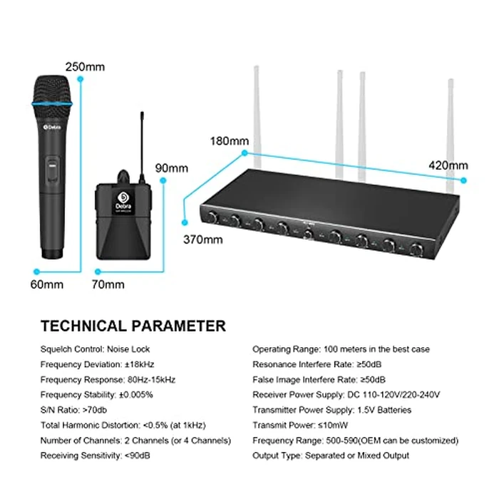 D Debra Audio AU800 Pro UHF 8 Channel Wireless Microphone System with Cordless Handheld Lavalier Headset Mics, Metal Receiver, Ideal for Karaoke Church Party (8 Bodypack) by D Debra - Image 9