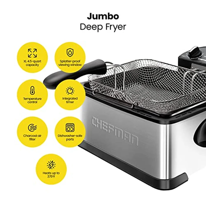 Chefman 4.3 Liter Deep Fryer with Basket for Home Use, XL Jumbo Size Fry Basket Strainer, Adjustable Temperature & Timer Fish Fryer, Chicken Fryer, French Fry Maker, Gifts for Cooks, Stainless Steel by Chefman - Image 2
