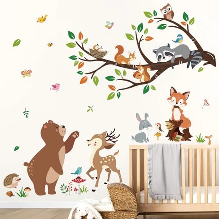 decalmile Woodland Animal Tree Branch Wall Decals Bear Fox Deer Forest Wall Stickers Kids Room Baby Nursery Bedroom Wall Decor by decalmile - Image 2
