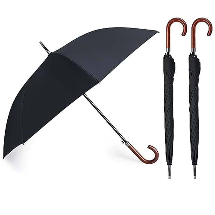 Silkfly 2 Pcs 2/4/6 Pcs 48" Auto Open Umbrella Large Wooden J Stick Handle Vintage Windproof Travel Wedding Fast Drying Umbrella (Black) by Silkfly - Image 1