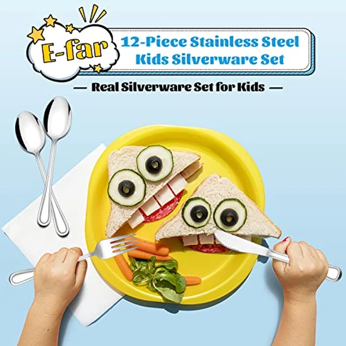 E-far 12-Piece Kids Silverware, Stainless Steel Toddler Kids Utensils Safe for Preschooler/Children, Includes 4 Forks 4 Spoons 4 Knife, Slimline Adult Look & Small Size, Rust Free & Dishwasher Safe by E-far - Image 7