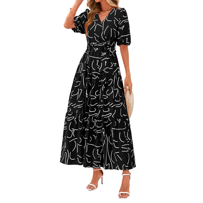 PRETTYGARDEN Women's Summer Maxi Dress 2026 Resort Wear Boho Floral V Neck Puff Short Sleeve Ruffle Flowy Beach Long Dresses(Floral Black,Medium) by PRETTYGARDEN - Used - Like New condition - US$46.03