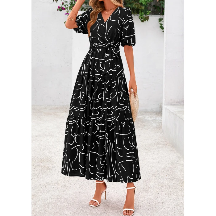 PRETTYGARDEN Women's Summer Maxi Dress 2026 Resort Wear Boho Floral V Neck Puff Short Sleeve Ruffle Flowy Beach Long Dresses(Floral Black,Medium) by PRETTYGARDEN - Image 7