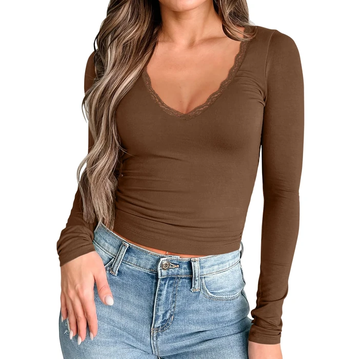 PINKMSTYLE Sexy Lace Tops for Women Going Out V Neck Double Layer Long Sleeve Tops Chocolate Brown Fall Clothes Chocolate Brown X-Large by PINKMSTYLE - Image 2