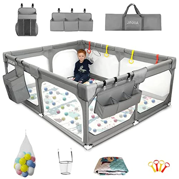 Baby Playpen with Mat 75"*59", Extra Large Playpen for Babies and Toddlers with Storage Bag, BPA-Free, Non-Toxic, Safe No Gaps Playards for Babies, Sturdy Safety Play Yard for Indoor Outdoor Fun, Grey by JINXIA - Used - Very Good condition - CA$89.53