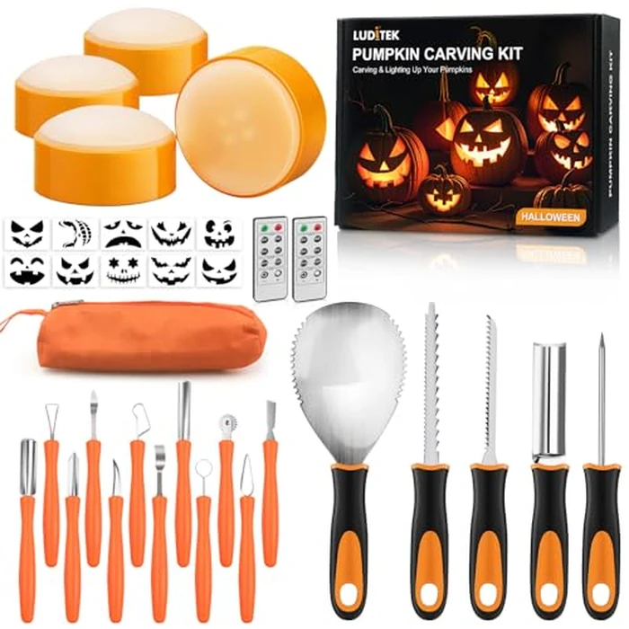 Luditek Pumpkin Carving Kit, 17 PCS Professional Stainless Steel Pumpkin Carving Tools with 4 Electronic Candles Lights and 10 Stencils, Halloween Gifts Jack-O-Lanterns Cutting for Adults Kids by Luditek - Used - Like New condition
