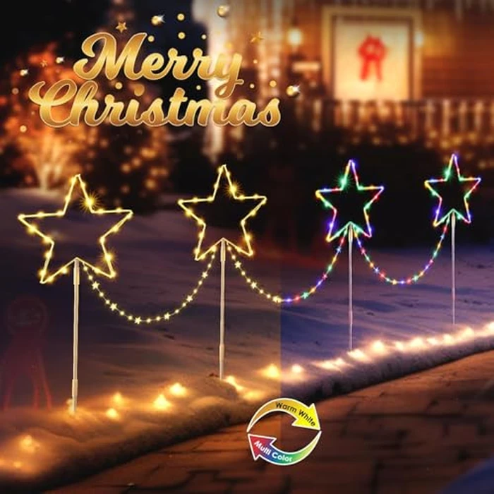 Quntis 4PCS Christmas Pathway Lights, Color Changing 144Leds Star String Light Battery Powered, IP65 Waterproof Garden Stake Lights with 8 Mode & Timer for Yard Lawn Outdoor Christmas Decorations by Quntis - Used - Very Good condition - CA$13.95