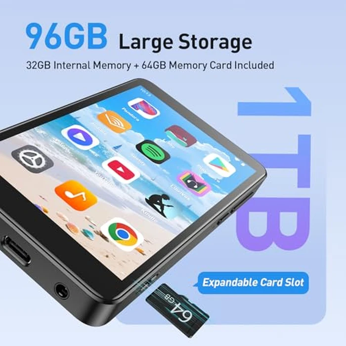 AGPTEK 96GB MP3 Player with Bluetooth and WiFi, T08X 4'' Android 14 MP4 Music Player with Spotify, Audible, APP Store, Up to 1TB, Black by AGPTEK - Image 3