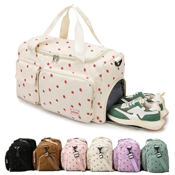 Corduroy Strawberry Sports Duffel Bag,Gym Bag with Shoe Compartment & Wet Pocket,Cute Travel Bag Weekend Bag Dance Bag for Girls (Pink) by Aikelai - Used - Like New condition - CA$25.93